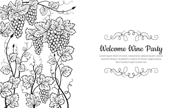 Banner welcome wine party vintage poster template card sketch grapes winemaking craft background