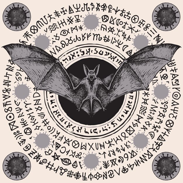 Vector banner with bat, coronavirus cells and runes