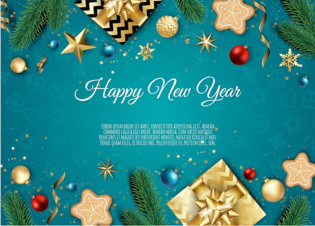 Banner with christmas tree branches, gold stars, christmas balls and space for text,