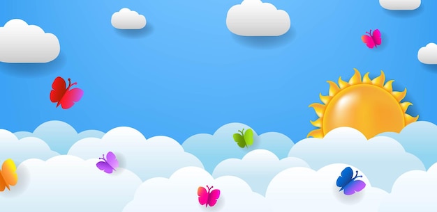 Banner With Cloud And Butterfly And Sun