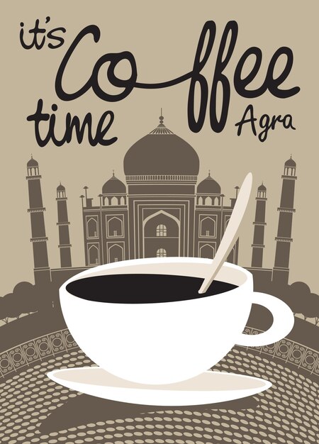 banner with coffee cup and agra view