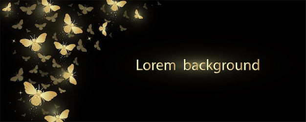 Vector banner with decorative shining golden butterflies on a black background vector illustration