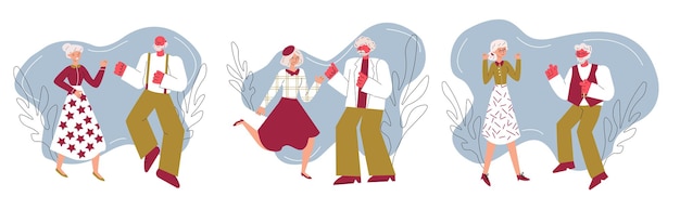 Banner with elderly people dancing sketch cartoon vector illustration isolated