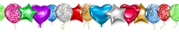 Banner with flying colored helium balloons in various shapes and colors with seamless horizontal repetition on white background