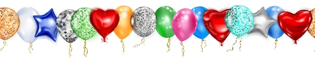 Banner with flying colored helium balloons in various shapes and colors with seamless horizontal repetition on white background