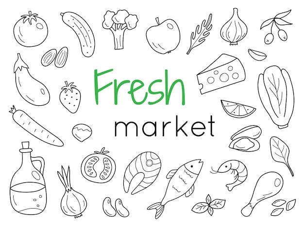 A banner with food and a Fresh market message in doodle style