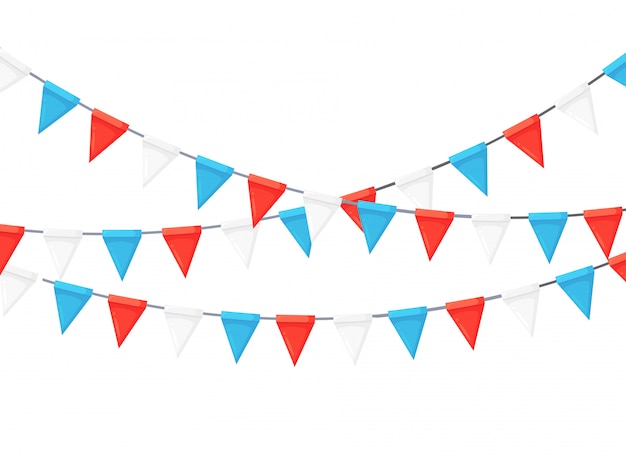 Banner with garland of colour festival flags and ribbons, bunting. Background for celebrate happy birthday party, carnaval, fair. flat design