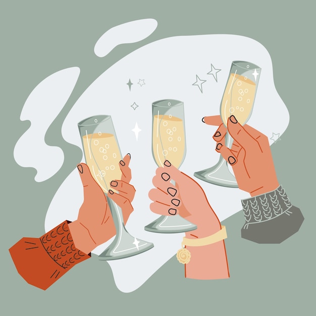 Vector banner with hands clinking glasses of wine or champagne vector illustration isolated