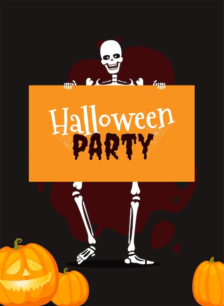 Banner with human skeletons in different poses with scary pumpkins Halloween design