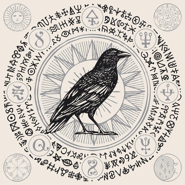 Vector banner with raven and magical symbols