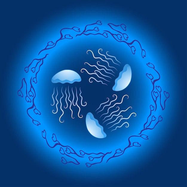 A banner with three jellyfish floating in a circle Surrounded by algae In a ray of light Vector