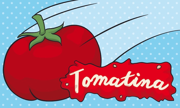 Banner with a thrown tomato and a splatter sign over dotted pattern to celebrate the Tomatina event