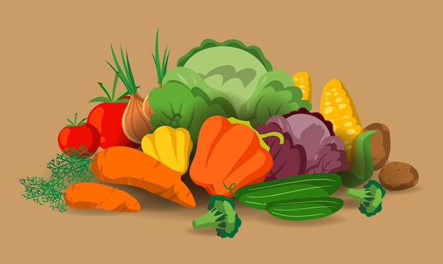 Banner with vector vegetables. Concept healthy food. Fresh vegetable organic food set still life isolated on warm background vector illustration.