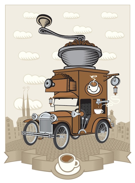 banner with vintage car and coffee grinder