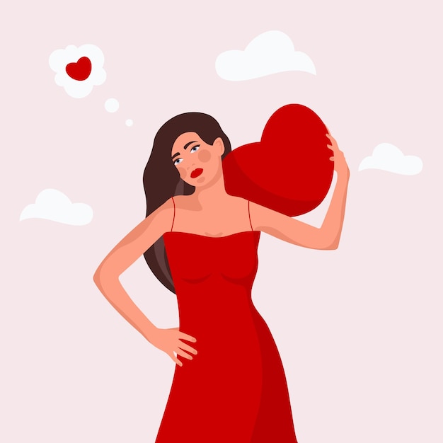 Vector banner with woman in dress, hugging red heart. happy valentine's day. flat vector illustration.