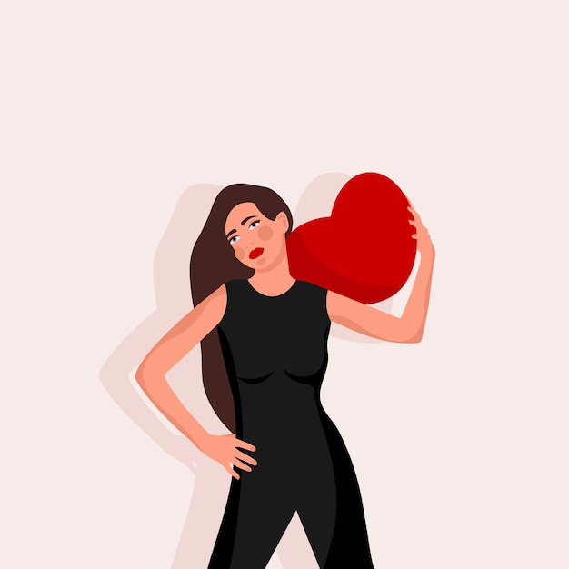 Banner with woman in dress, hugging red heart. Happy Valentine's Day. Flat vector illustration.