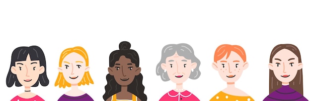 Vector banner with women of different ages and nationalities in cute cartoon style