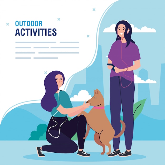 Banner, women performing leisure outdoor activities, women with dog pet illustration design