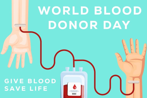 Banner world blood donor day with hand donating blood and hand receive blood donation