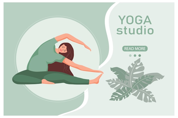 Banner Yoga Studio Young pregnant woman in yoga pose on abstract background with tropical leaves