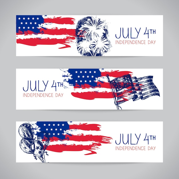 Banners of 4th July backgrounds with American flag. Independence Day hand drawn sketch design