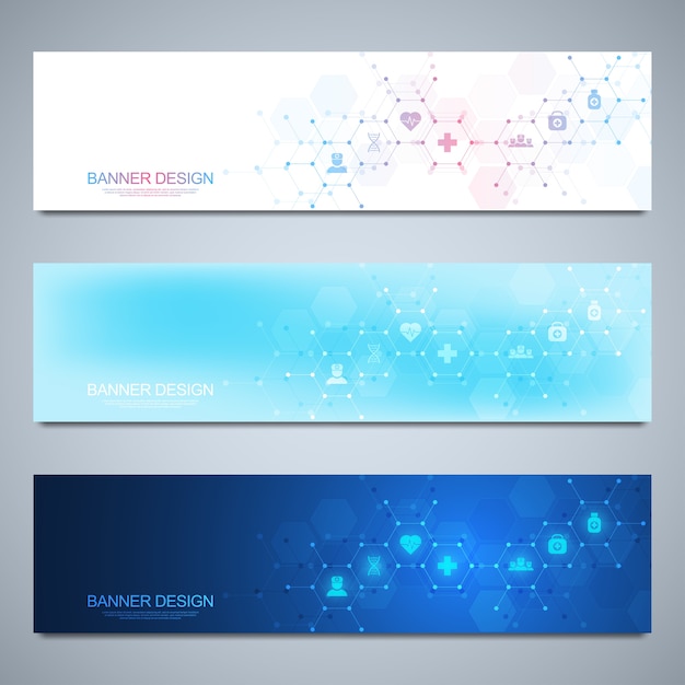 Banners design template for healthcare and medical decoration with icons and symbols. Science, medicine and innovation technology concept.