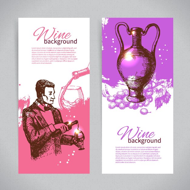 Vector banners of wine vintage background. hand drawn sketch illustrations