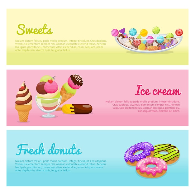 Banners with glazed donuts ice cream chocolate sweets lollipops and candies background