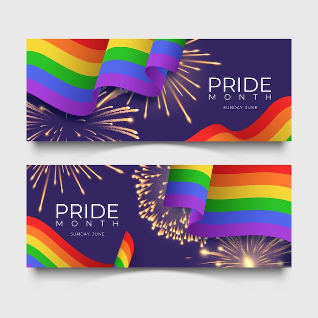 Banners with the LGBT rainbow realistic waving flags and fireworks Symbol of lesbian gay bisexual