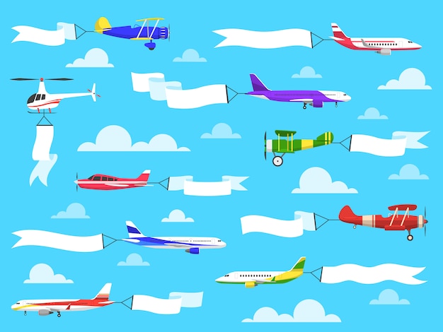 Banners with planes. Flying airplanes with banner in sky, helicopter with advertisement message on ribbons. set