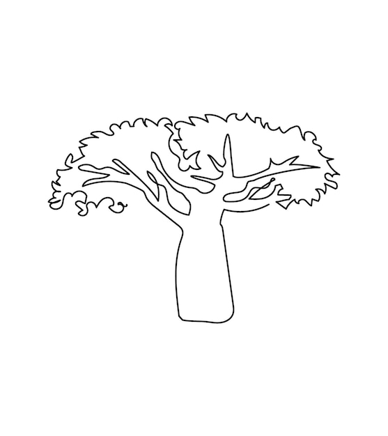 Baobab tree one line art. Continuous line drawing of plants, herb, tree, wood, nature, flora, deciduous tree, crown, african trees, baobab, acacia umbrella, savanna Hand drawn vector illustration