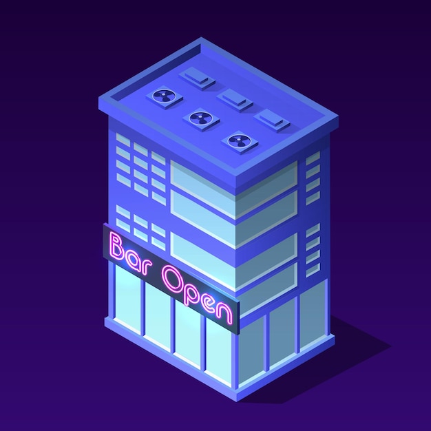 Bar cafe building smart city night ultraviolet blue 3d illustration