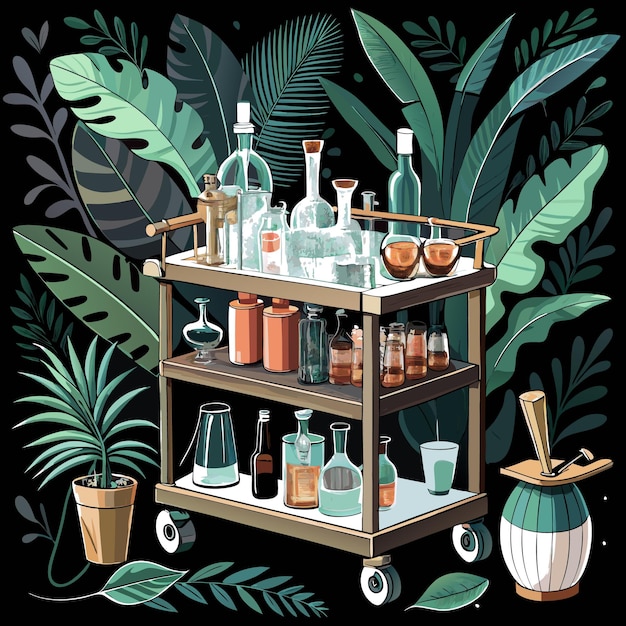 Vector a bar cart with various bottles and glasses surrounded by lush tropical plants