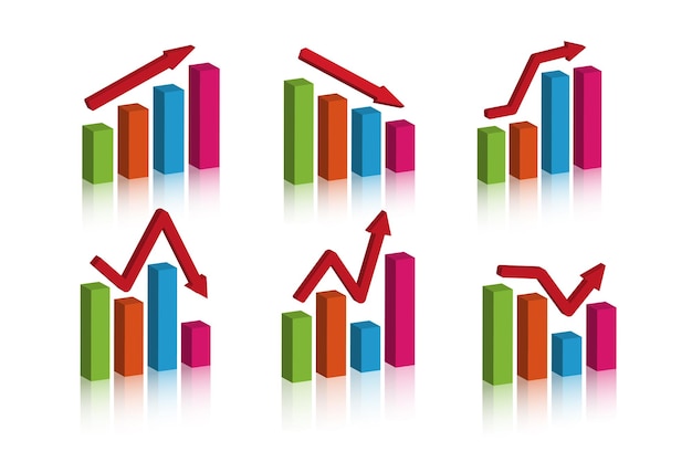 bar chart set. colorful vector 3d isometric illustration. with up and down arrows