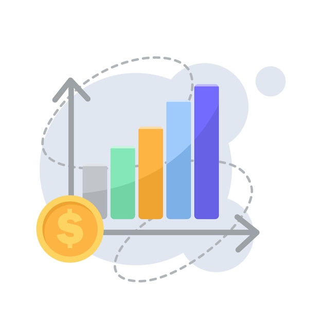 Vector bar chart with growth arrows and dollar coin vector illustration