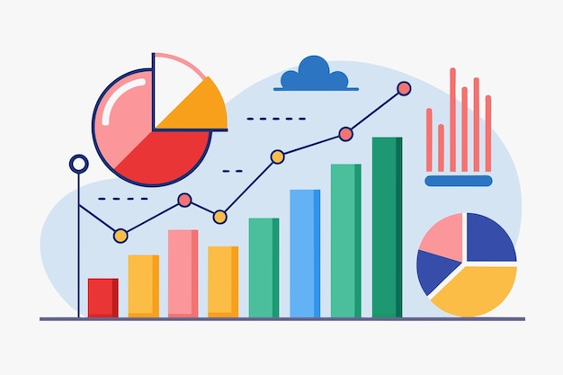 Vector bar chart with pie chart overlay research statistical data on company performance indicators simple and minimalist flat vector illustration