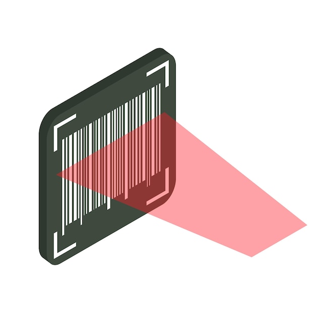 Vector bar code verification concept. machine-readable barcode. the process of scanning with a laser. vector isometric illustration isolated on white background