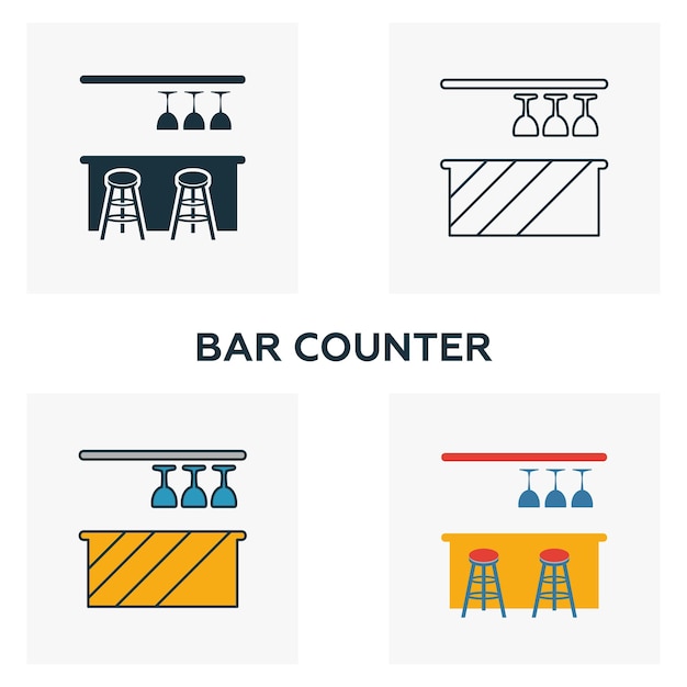 Bar Counter icon set Four elements in diferent styles from bar and restaurant icons collection Creative bar counter icons filled outline colored and flat symbols