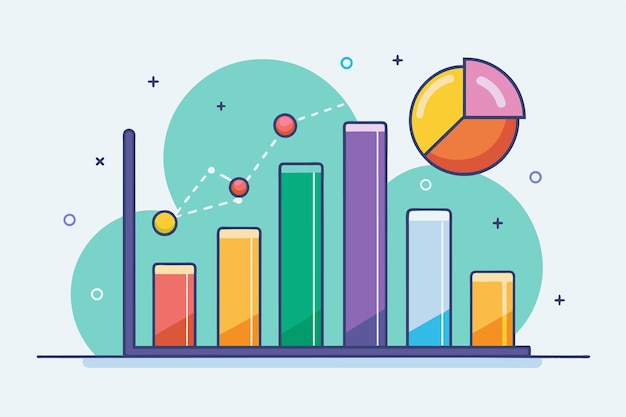 Vector a bar graph showing data trends with a pie chart overlaid for comparison and analysis analyze graphic statistics simple and minimalist flat vector illustration