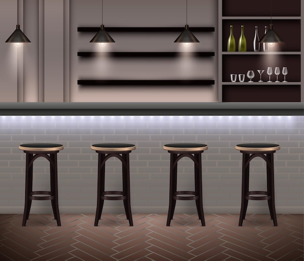 Bar interior realistic illustration in modern illustration with bar counter high chairs and shelves with alcohol bottles and wine glasses 