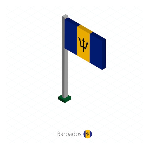 Barbados Flag on Flagpole in Isometric dimension Isometric blue background Vector illustration