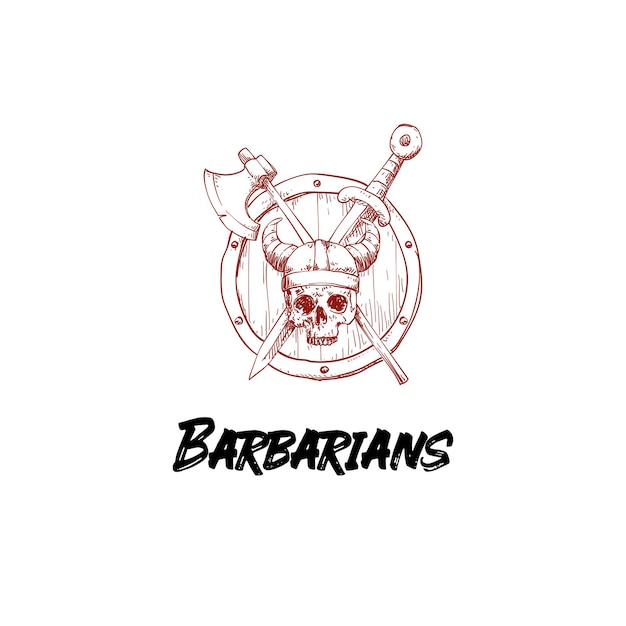 Barbarian skull with Viking weapons logo