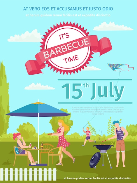 Vector barbecue food outdoor bbq poster vector illustration cartoon party invitation design cooking meat at picnic summer background