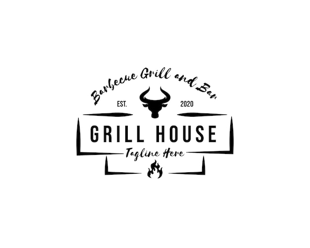 Barbecue grill house logo with bull head silhouette logo design template