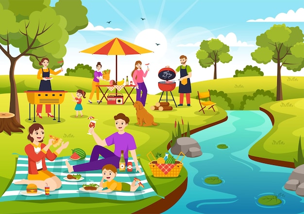 Barbecue and Grill Set Vector Illustration Kids Grilling or BBQ Party Food at Park in Festival