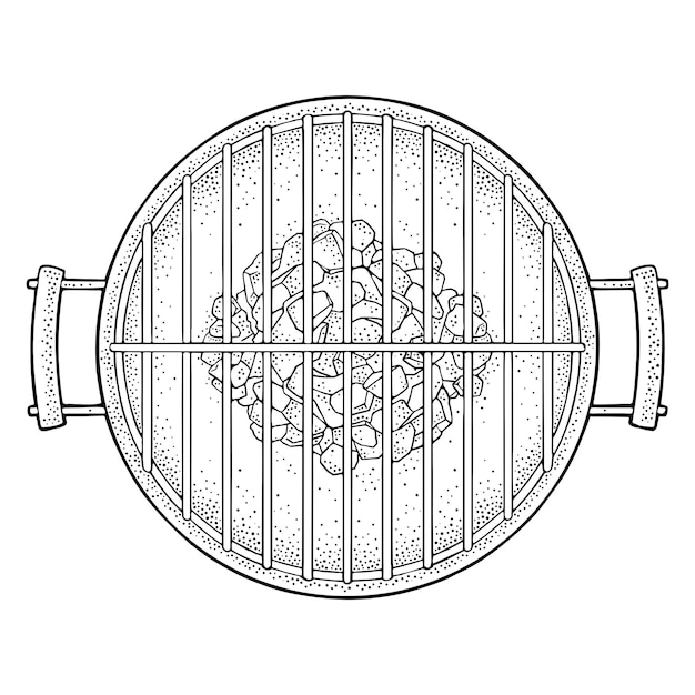 Barbecue grill top view with charcoal Vintage black vector engraving illustration Isolated on white background