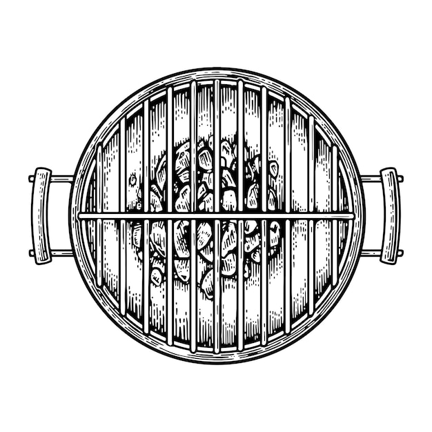 Barbecue grill top view with charcoal Vintage black vector engraving illustration Isolated on white background