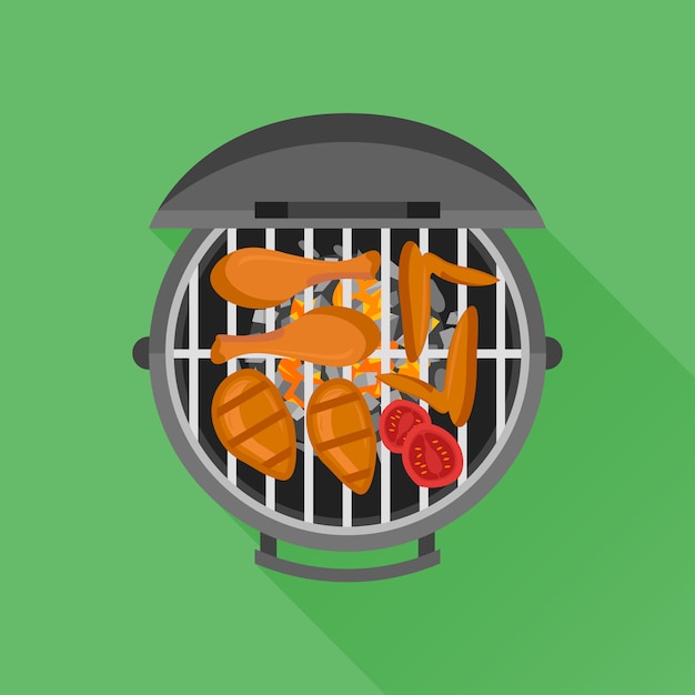 Barbecue and grilled chicken in  flat style. Top view.