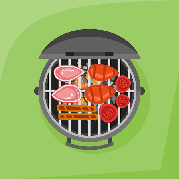 Barbecue and grilled steak, sausage and tomato. Top view illustration.