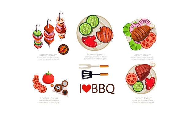 Barbecue icons set grilled food menu design elements flat vector Illustration isolated on a white background